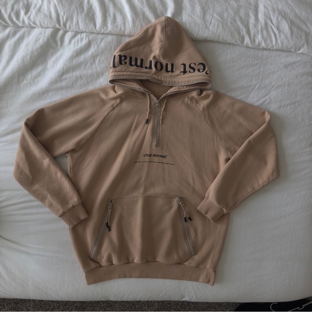 Men’s C’est Normal Beige Half Zip Hoodie with Kangaroo Pocket